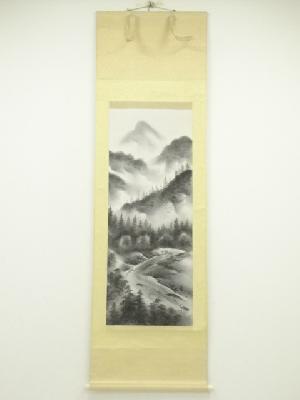 百川筆　水墨山水　肉筆絹本掛軸（保護箱）